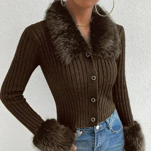 Coffee Brown Casual Women's Borg Collar Fuzzy Cuff Cardigan - Picture 3 of 7